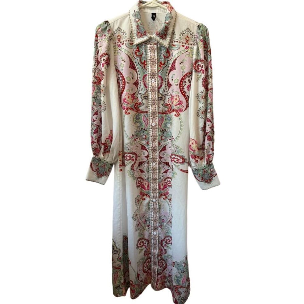Stylewe Elegant Paisley Print Long Sleeve Maxi Shirt Dress Vintage Button Down S